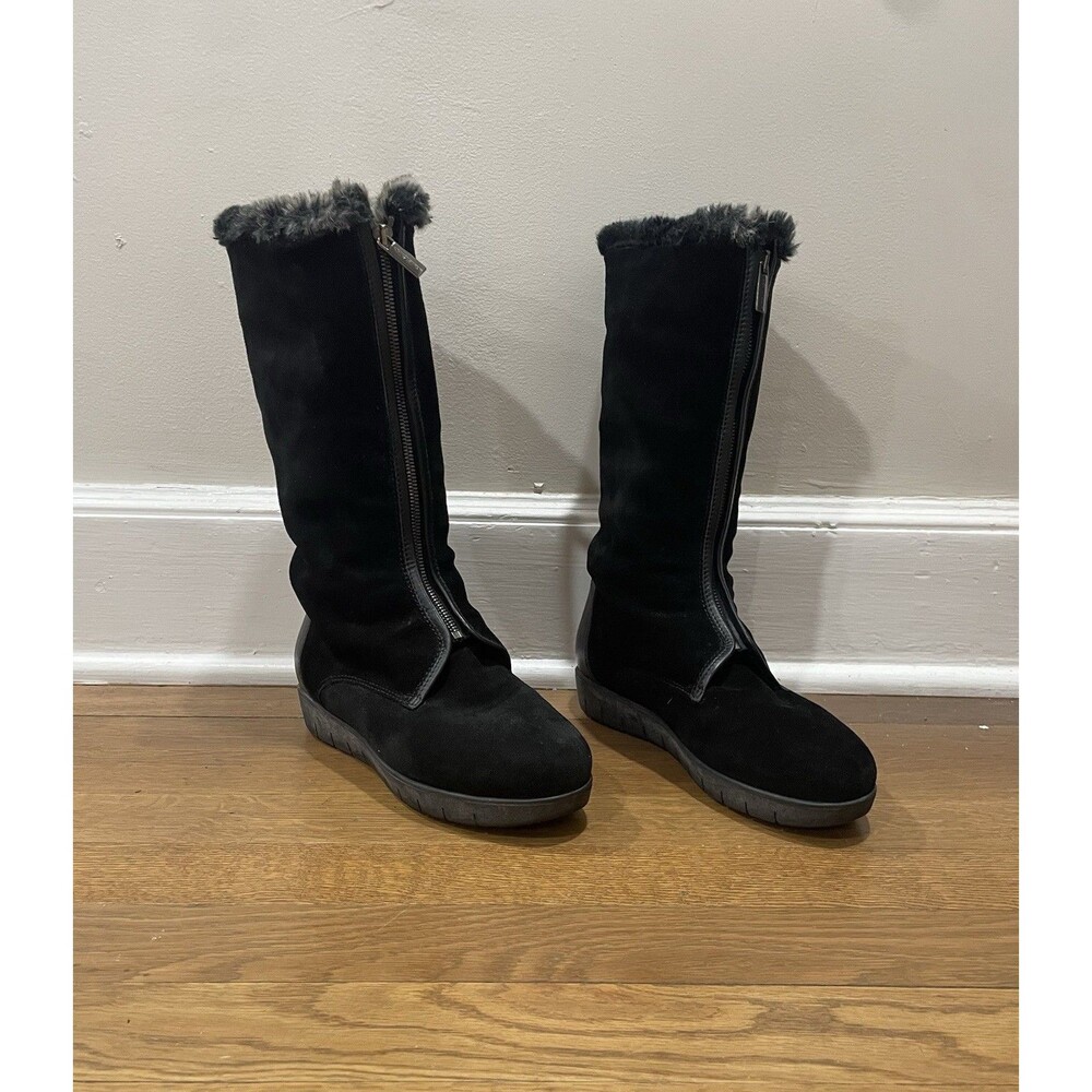 Aquatalia Black Suede Front Zipper Faux Fur Boots Women's Size 7 Cozy Winter